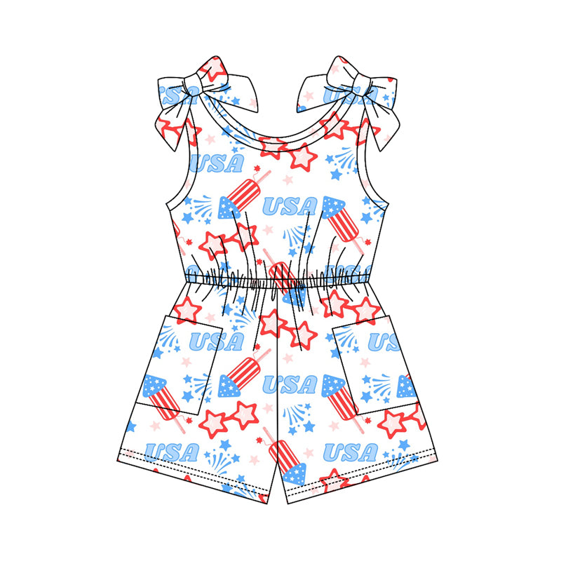SR4131 Preorder Baby Girl Sleeveless USA Fireworks 4th of July Pockets Jumpsuits
