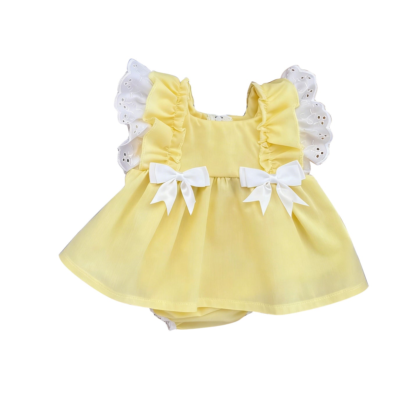 SR4143 Preorder Baby Girl Yellow Flutter Sleeve Bows Tunic Ruffle Rompers
