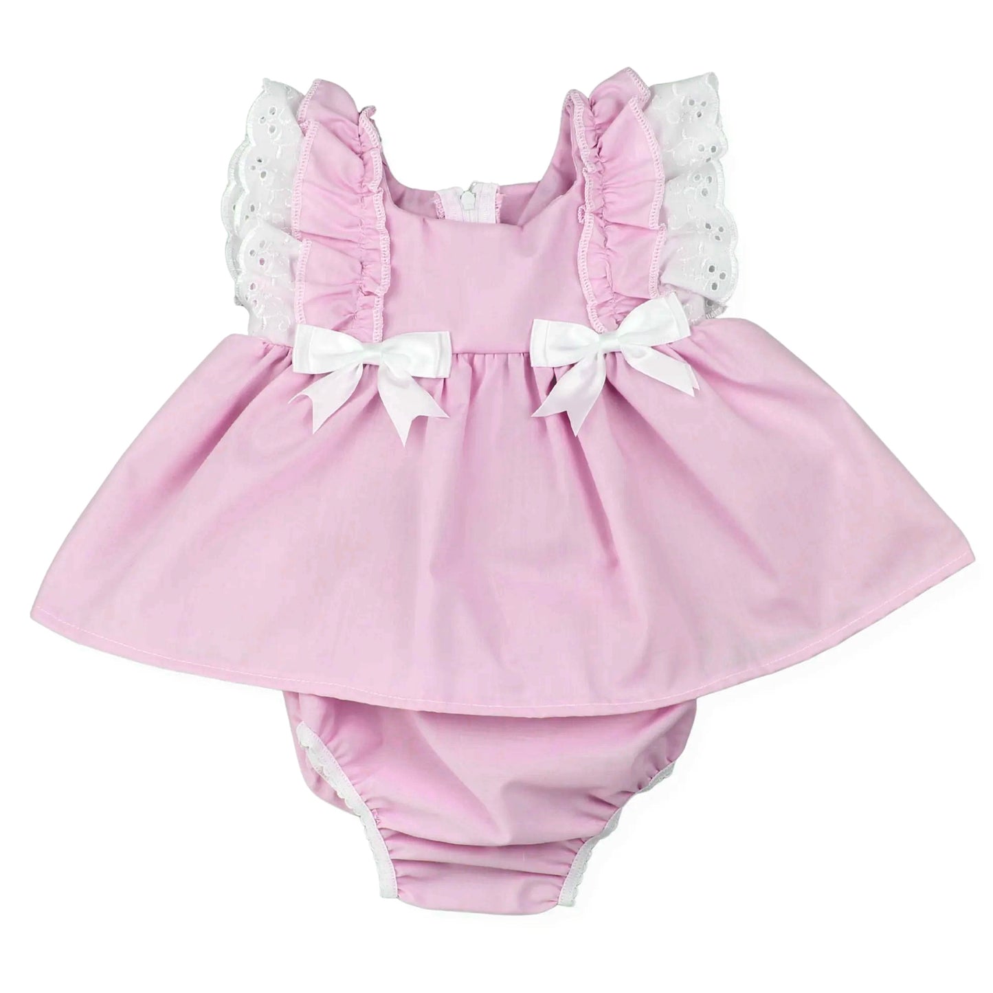 SR4144 Preorder Baby Girl Pink Flutter Sleeve Bows Tunic Ruffle Rompers
