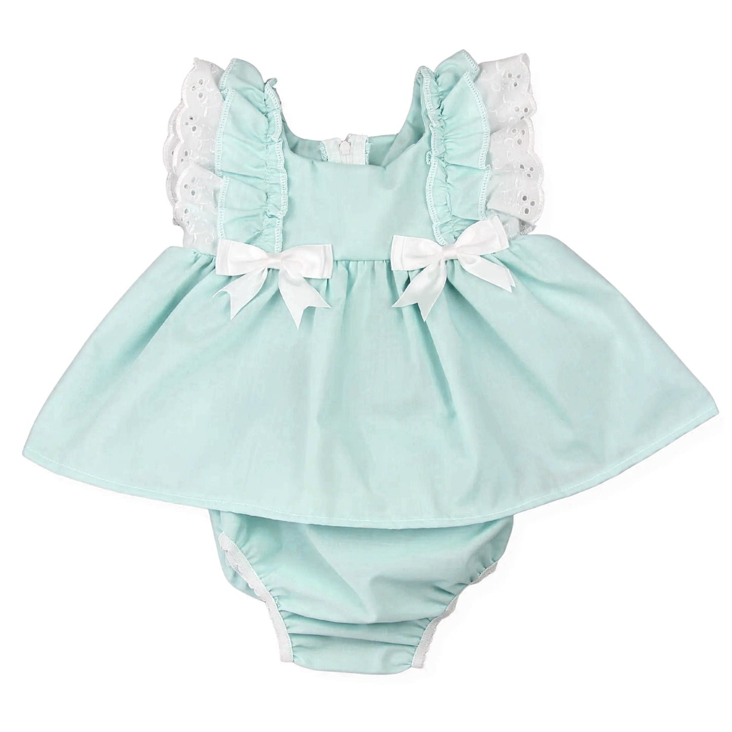 SR4145 Preorder Baby Girl Aqua Flutter Sleeve Bows Tunic Ruffle Rompers