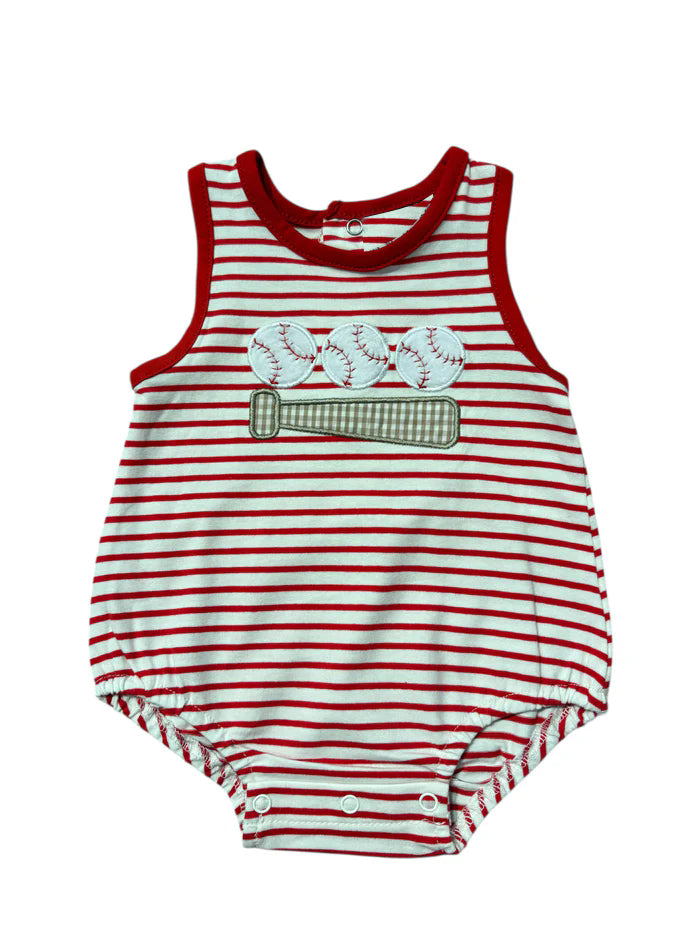 SR4148 Preorder Baby Boy Sleeveless Red Stripe Baseballs Team Romper