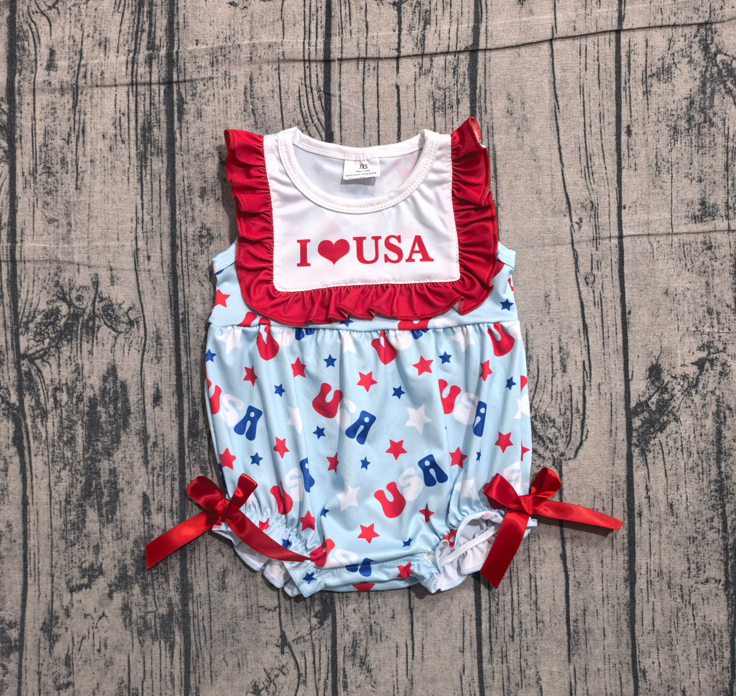 SR4154 Preorder Sample Baby Girls Sleeveless I Love USA Stars 4th of July Ruffle Romper