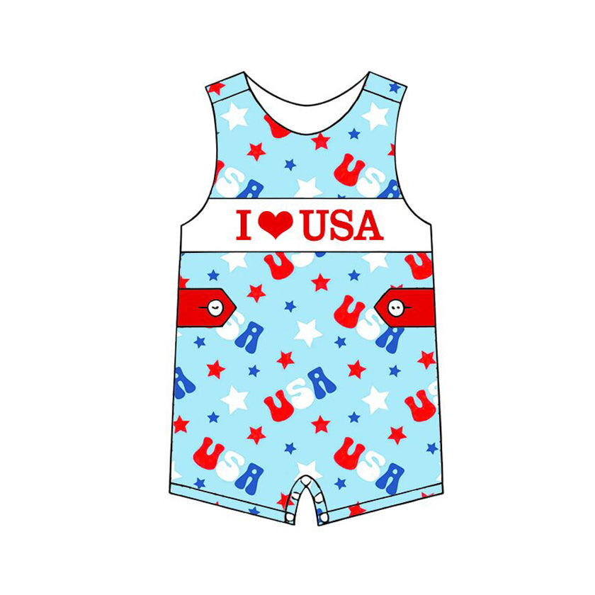 SR4155 Preorder Baby Boy Sleeveless I Love USA Stars 4th of July Short Romper