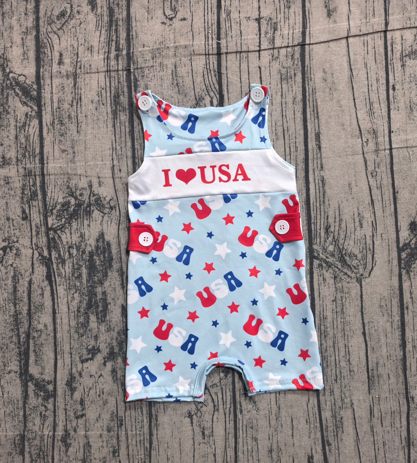 SR4155 Preorder Sample Baby Boys Sleeveless I Love USA Stars 4th of July Short Romper
