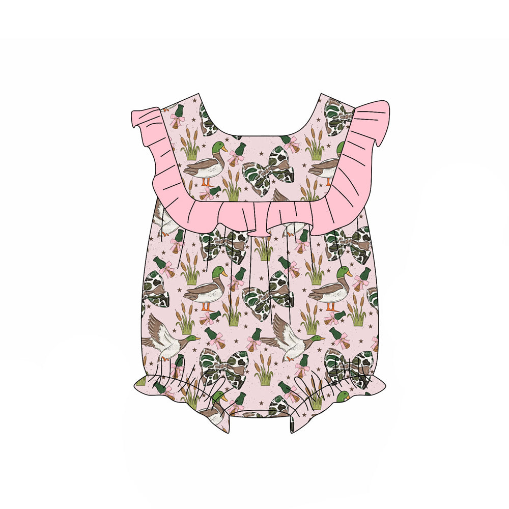 SR4160 Preorder Baby Girls Sleevelss Camo Bows Ducks Hunting Ruffle Romper