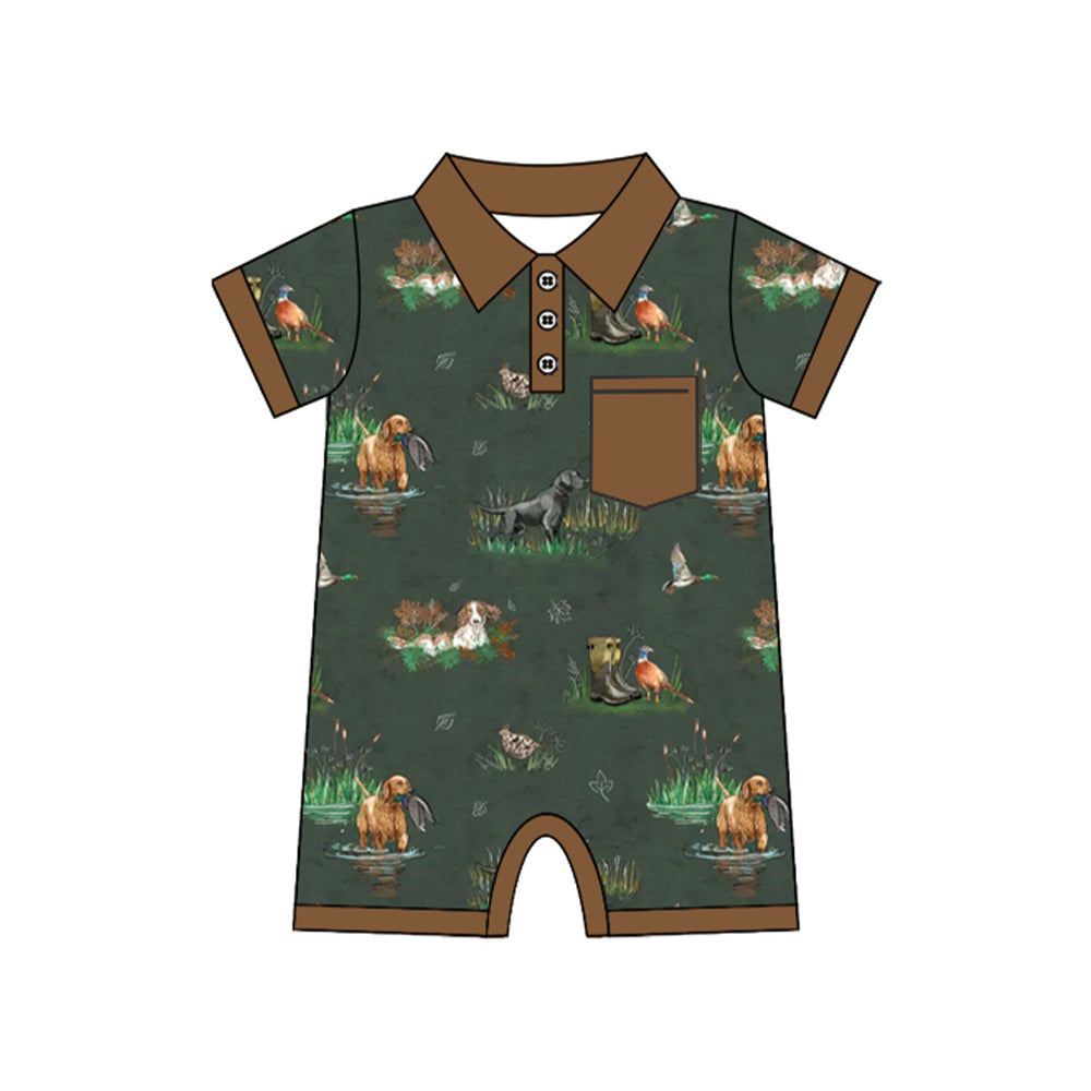 SR4162 Preorder Baby Boys Short Sleeve Ducks Dogs Button Pocket Hunting Romper