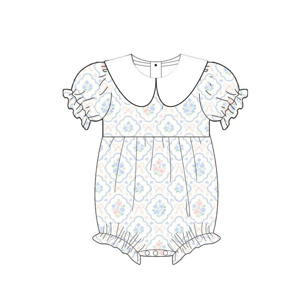 SR4165 Preorder Baby Girls Bows Flowers Checked Collar Ruffle Romper