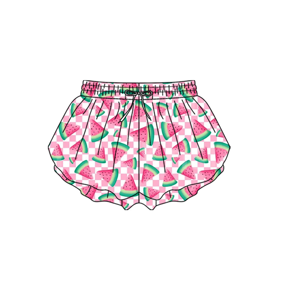 SS0849 Preorder Baby Girl Pink Checked Watermelons Yoga Active Ruffle Shorts Bottom