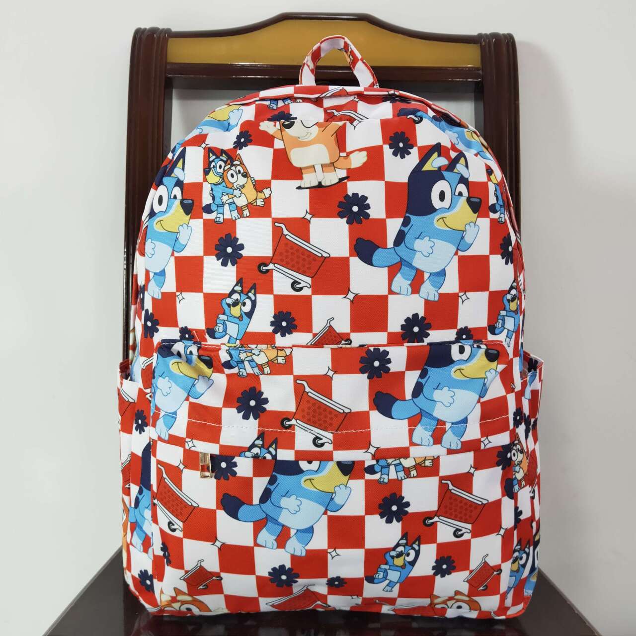 BA0179 Cartoon dog red and white checkered backpack