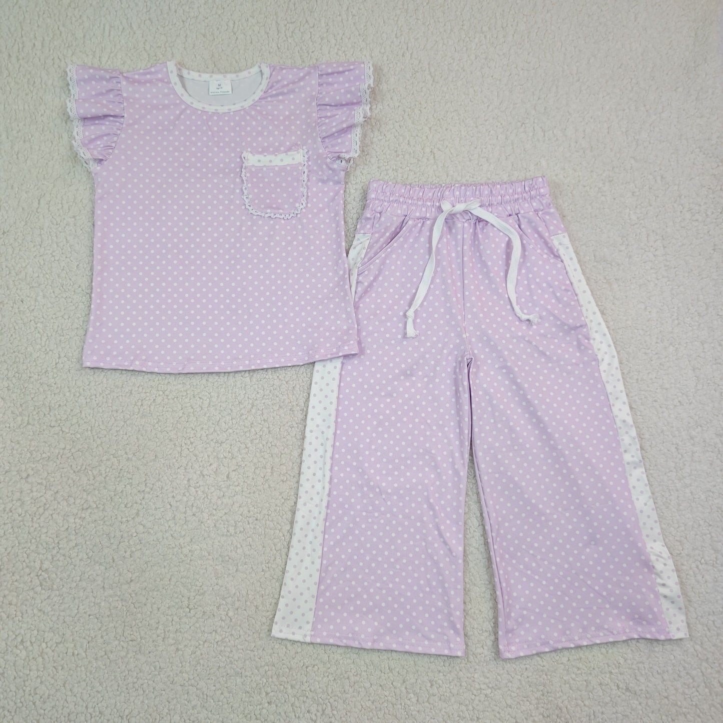 GSPO2328 Kids Clothing Baby Girls Purple Polka Dots Pocket Top Flare Pant Clothes Sets