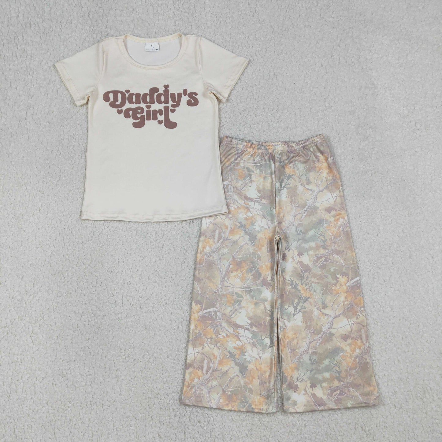 RTS NO MOQ(In Stock) GT1567+P1019 Daddy's Girl Letter Beige Short-Sleeve Top Branch and Leaf Pants set-GSPO2258