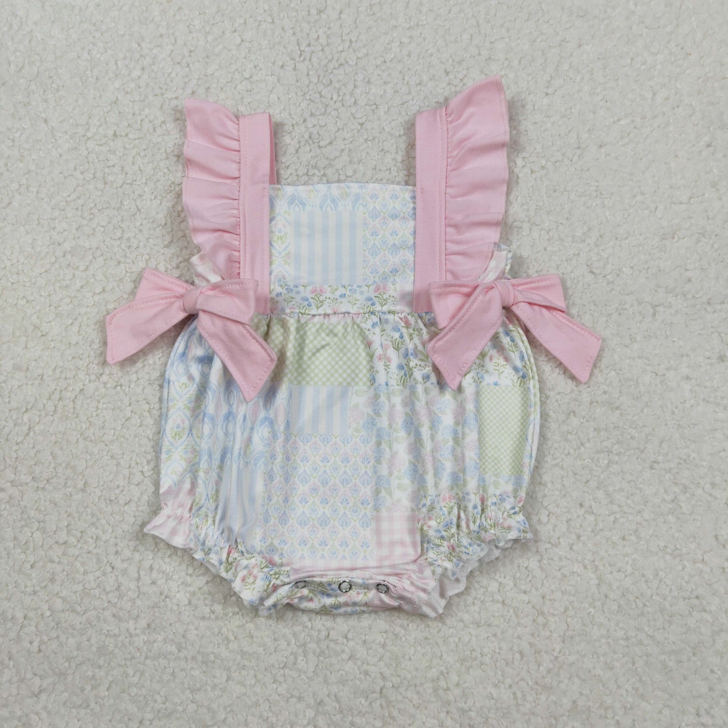 SR3675 Kids Baby Girl Pink Flutter Sleeve Bows Flowers Checked Ruffle Rompers