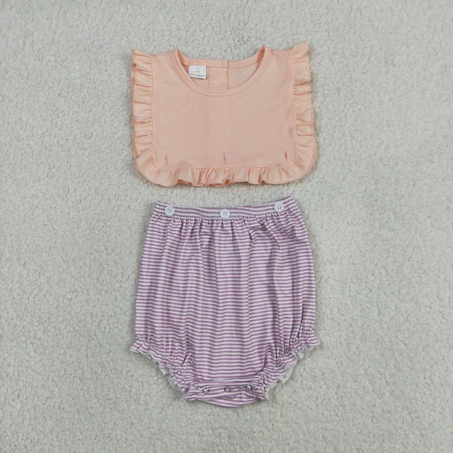 SR3941 Newborn Baby Girls Sleeveless Lavender Stripe Back Button Two Pieces Ruffle Rompers