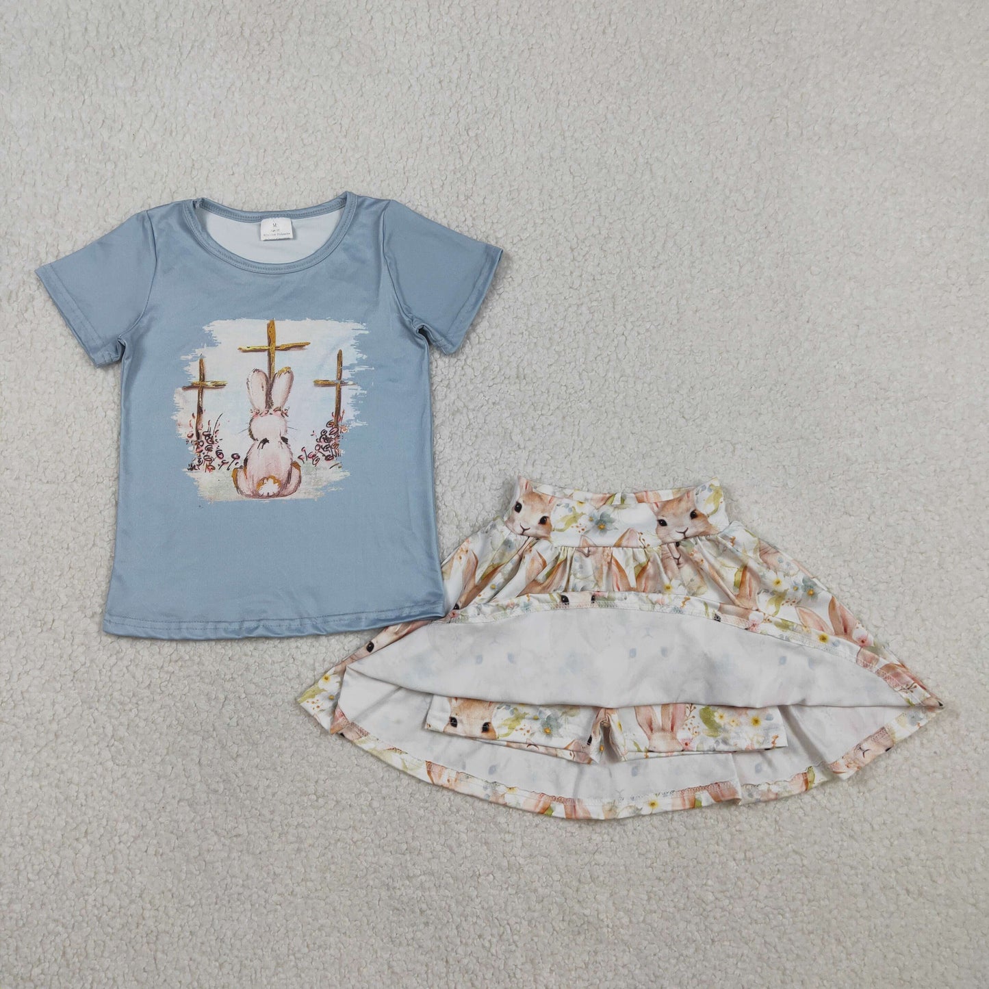 RTS NO MOQ(In Stock) GSD3486 Blue Short-Sleeved Skirt and Pants Set with Cross and Rabbit Design