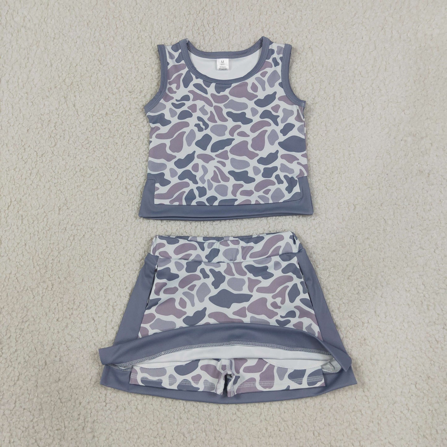 GSD4230 Kids Baby Girls Southern Light Grey Camo Vest Top Skirt Short Yoga Active Clothes Sets