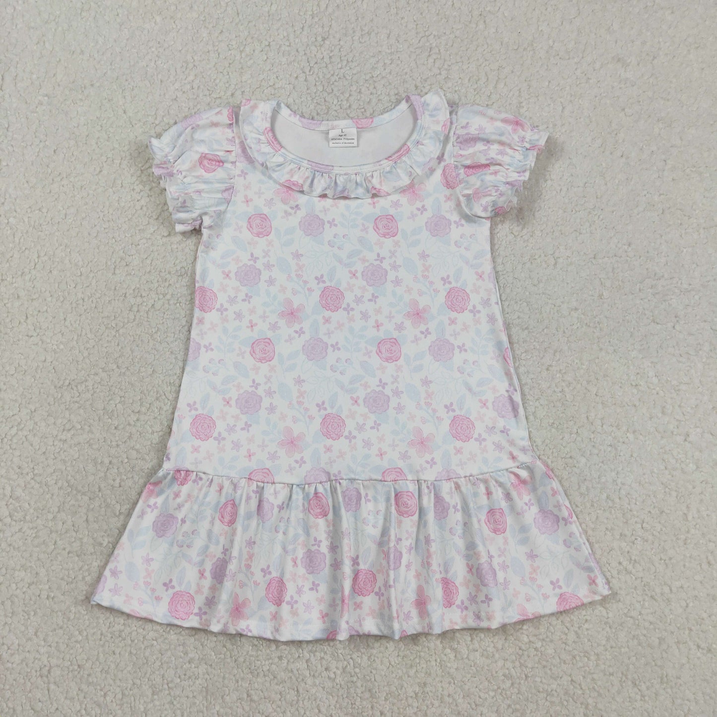 GSD3717 Kids Baby Girl Short Sleeve Pink Lavender Flowers Ruffle Knee Length Dresses