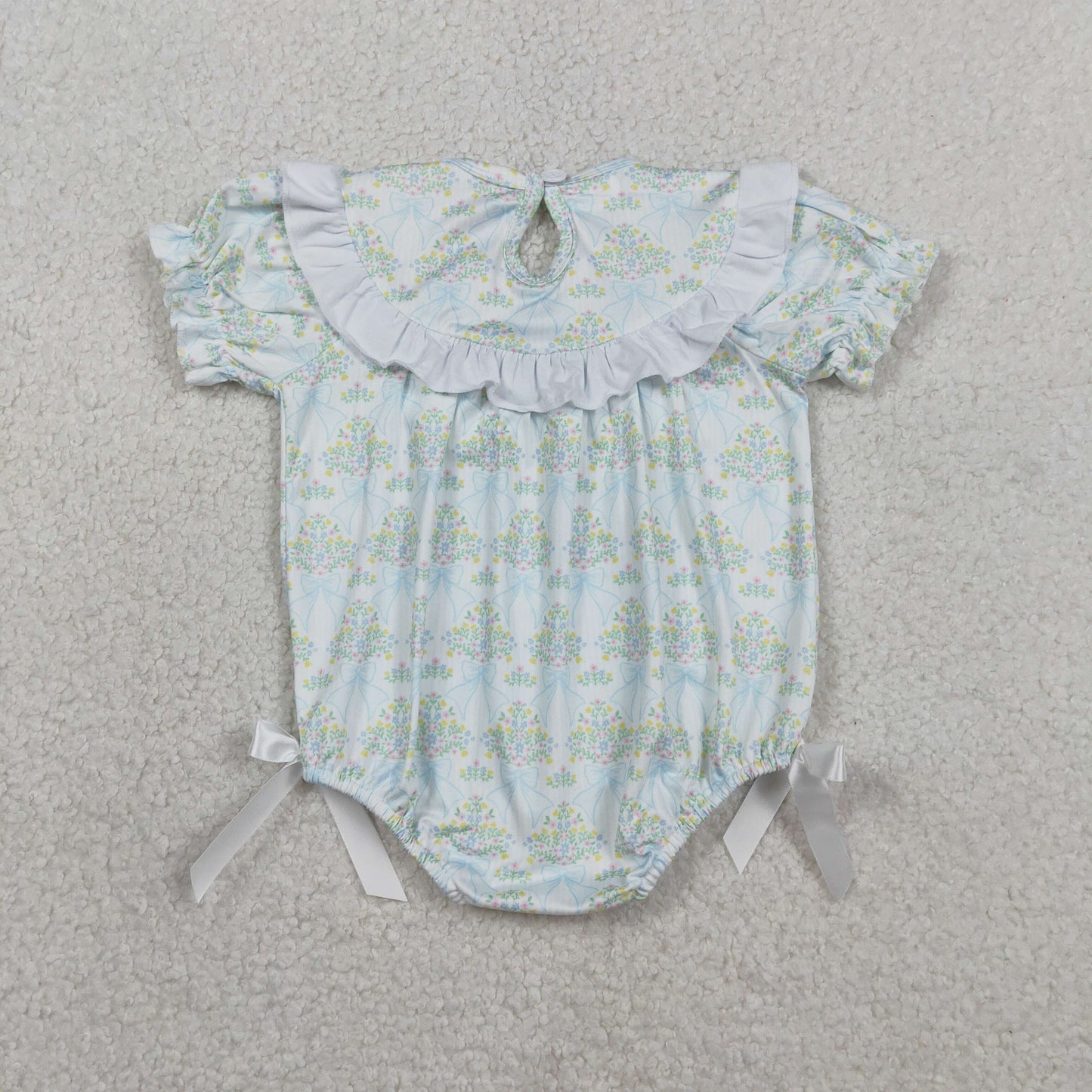 SR3487 Newborn Baby Girl Smocked Bows Flowers Checked Ruffle Rompers