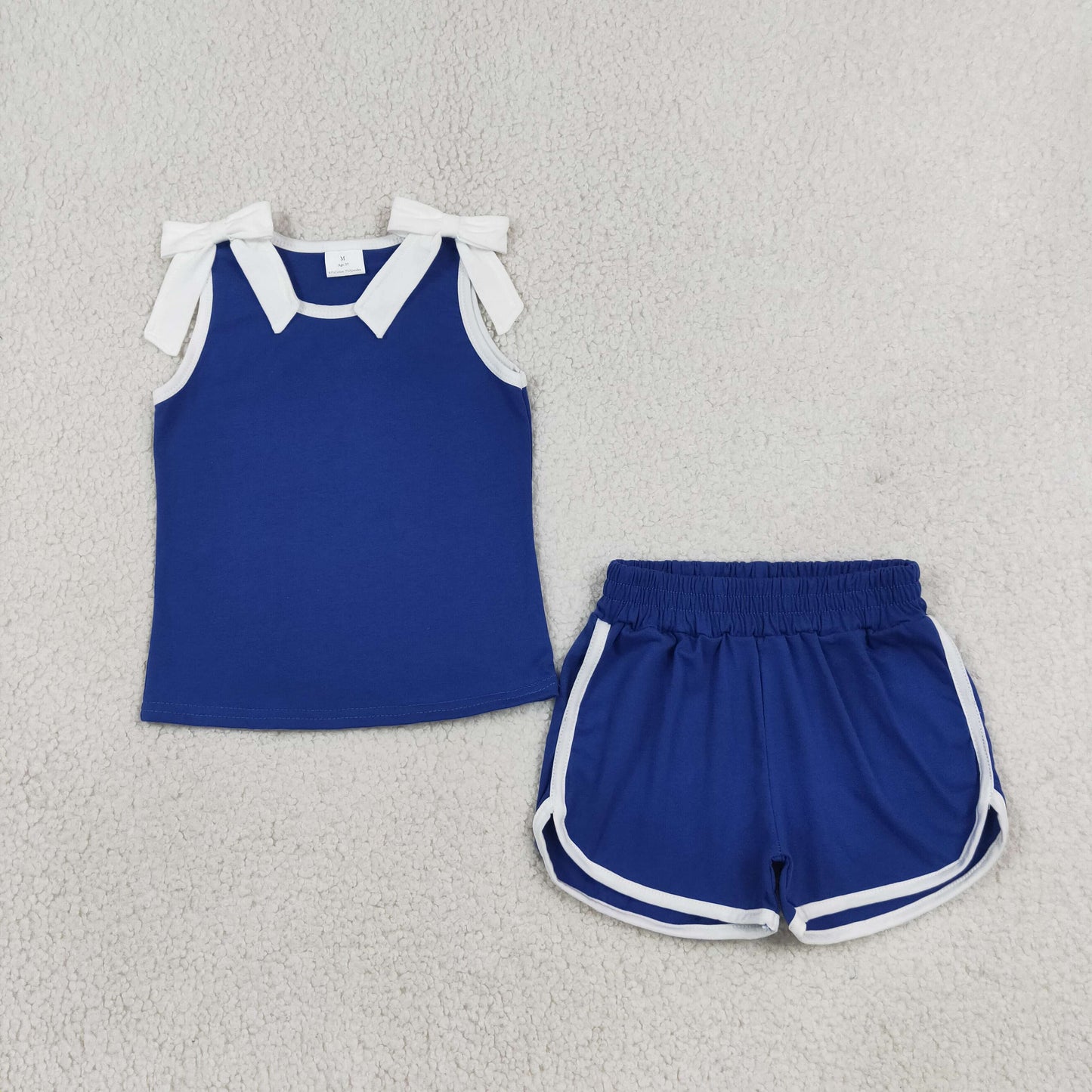 GSSO3824 Kids Clothing Baby Girls White Bows Hot Blue Sleeveless Top Short Clothes Sets