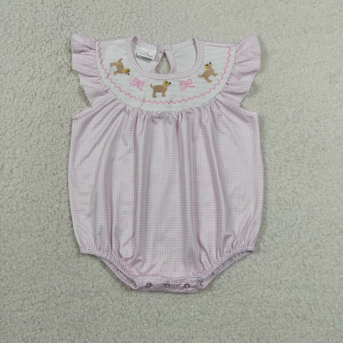 SR3316 Newborn Smocked Dogs Bows Baby Girls Flutter Sleeve Ruffle Rompers