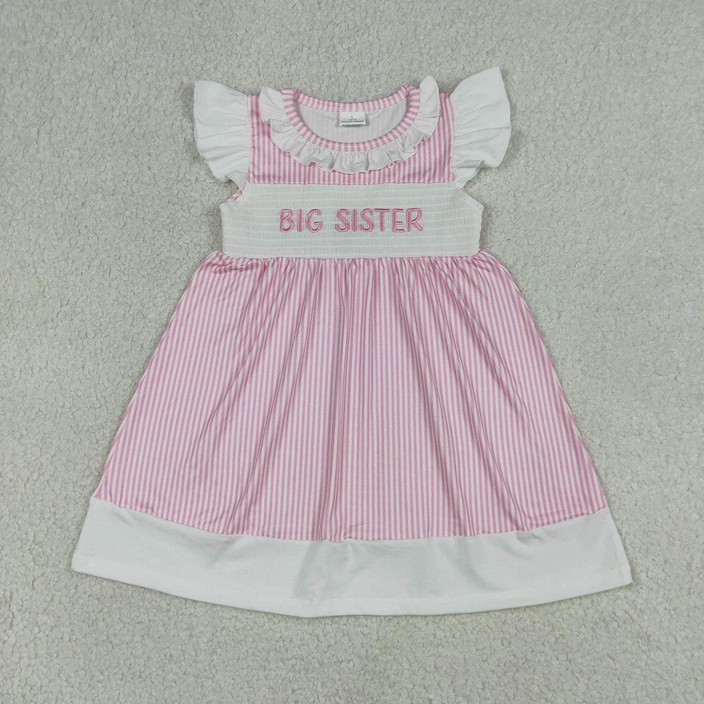 GSD3153 Kids Smocked Big Sister Baby Girls Flutter Sleeve Pink Stripe Knee Length Dresses