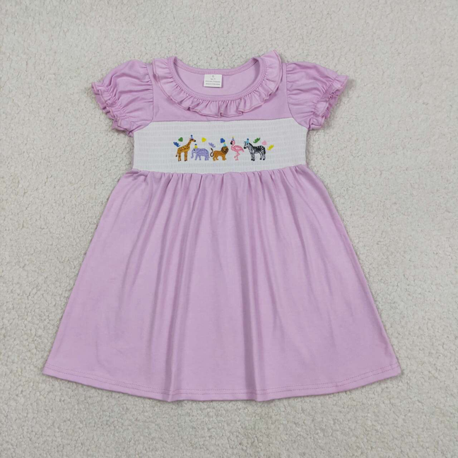 GSD3578 Kids Smocked Animals Baby Girls Pink Short Ruffle Sleeve Knee Length Dresses