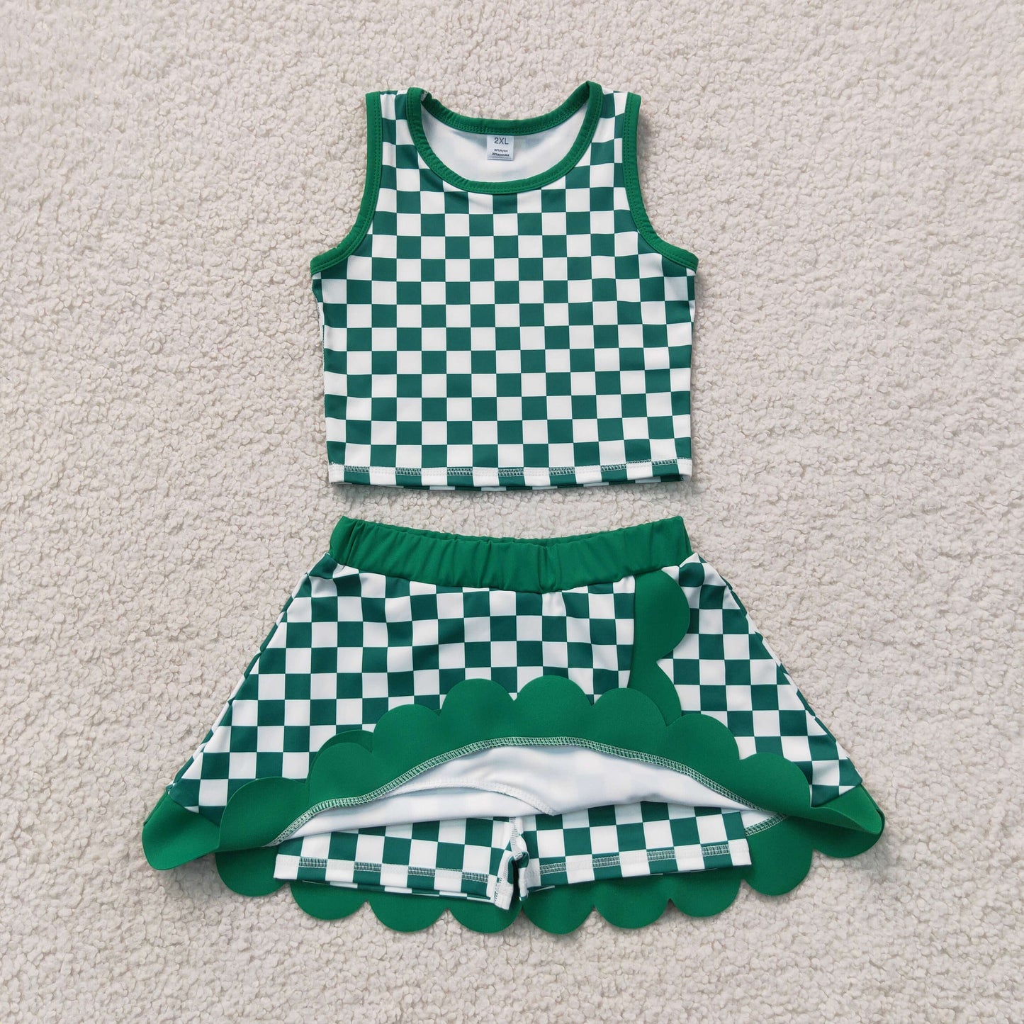 GSD4178 Kids Baby Girls Green Checked Vest Top Scallop Skirt Short Yoga Active Clothes Set