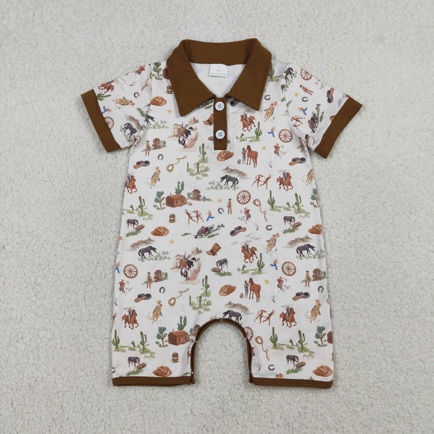 SR3882 Newborn Baby Boy Button Horse Rodeos Cactus Western Short Rompers