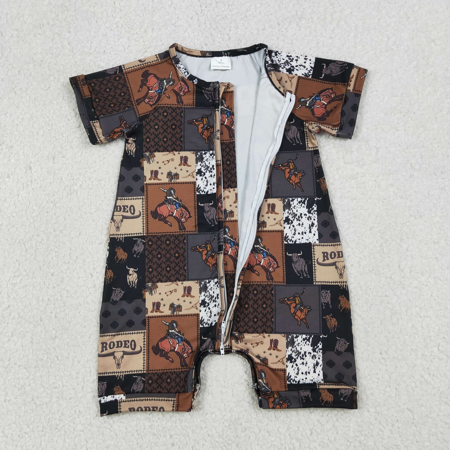 SR3545 Newborn Baby Boys Horse Rodeos Aztec Checked Western Zipper Rompers