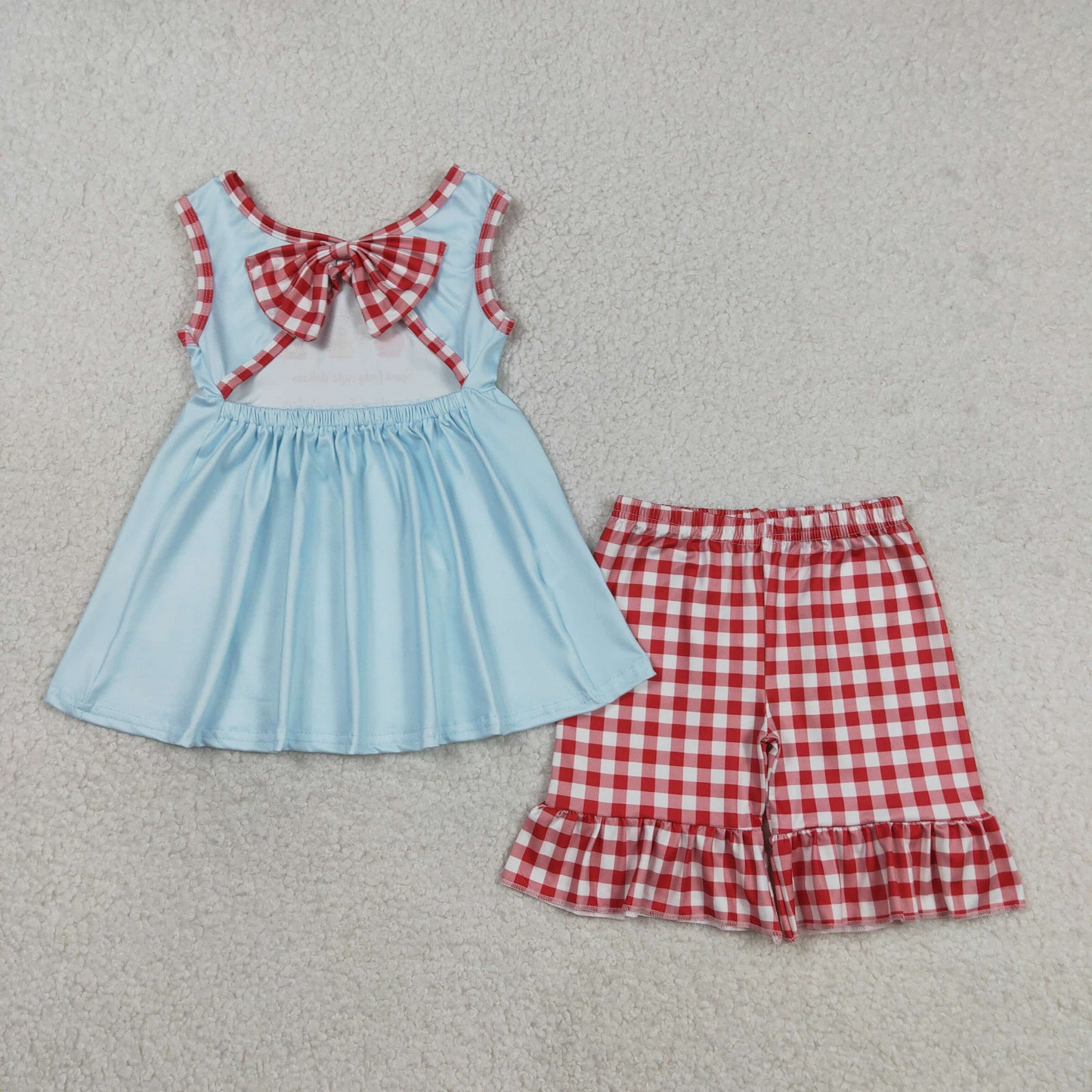 GSSO2544 Kids Baby Girl Sleeveless Park Tunic Top Red Checked Ruffle Short Clothes Set