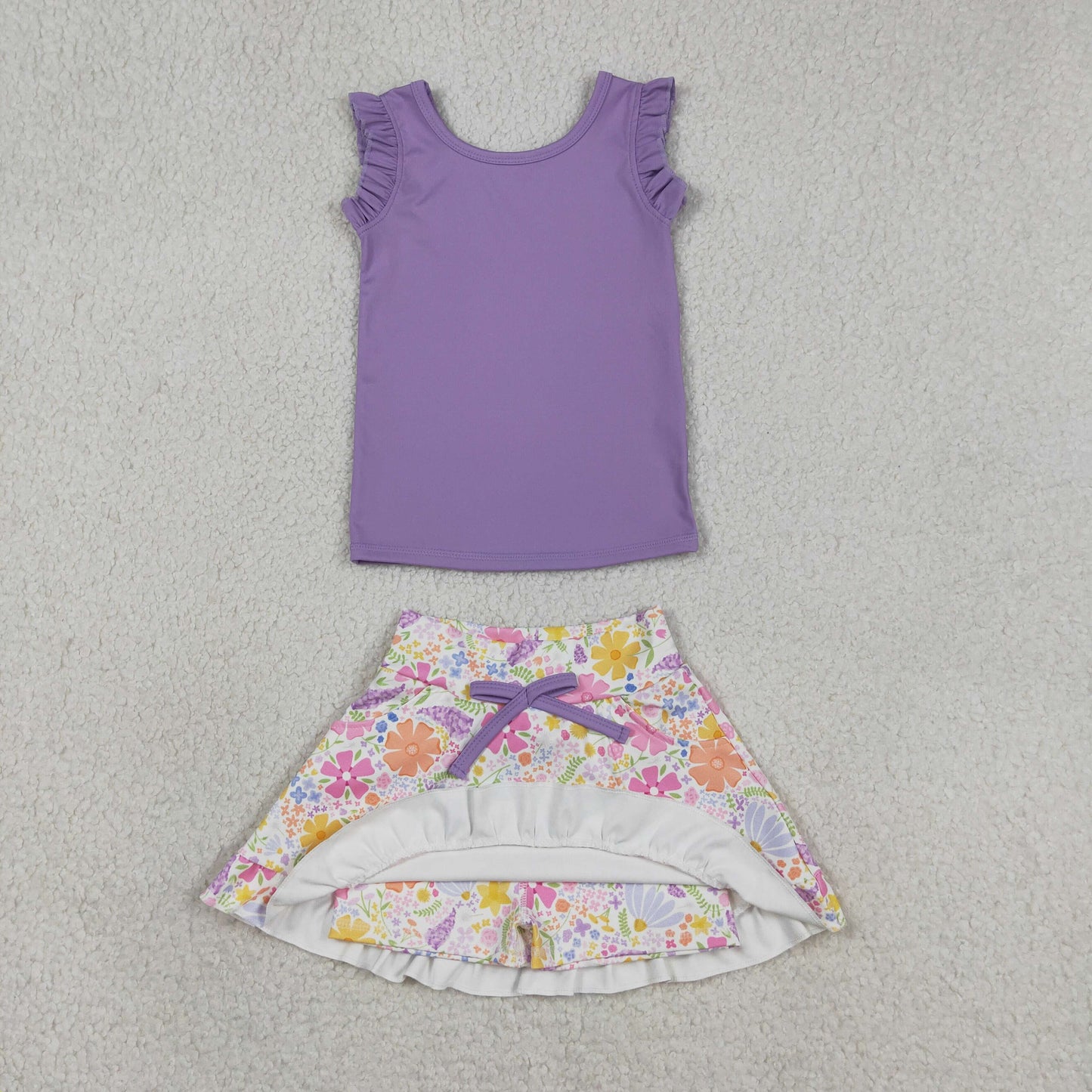 GSD3771 Kids Baby Girls Purple Vest Colorful Floral Pockets Scallop Skirt Short Yoga Active Clothes