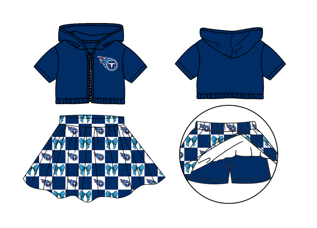 Custom Milk Silk Order MOQ:3 or 5 pcs Each Design Team State Girl Summer Bow Blue Zipper Hooded Short Sleeve Short Skirts Sets