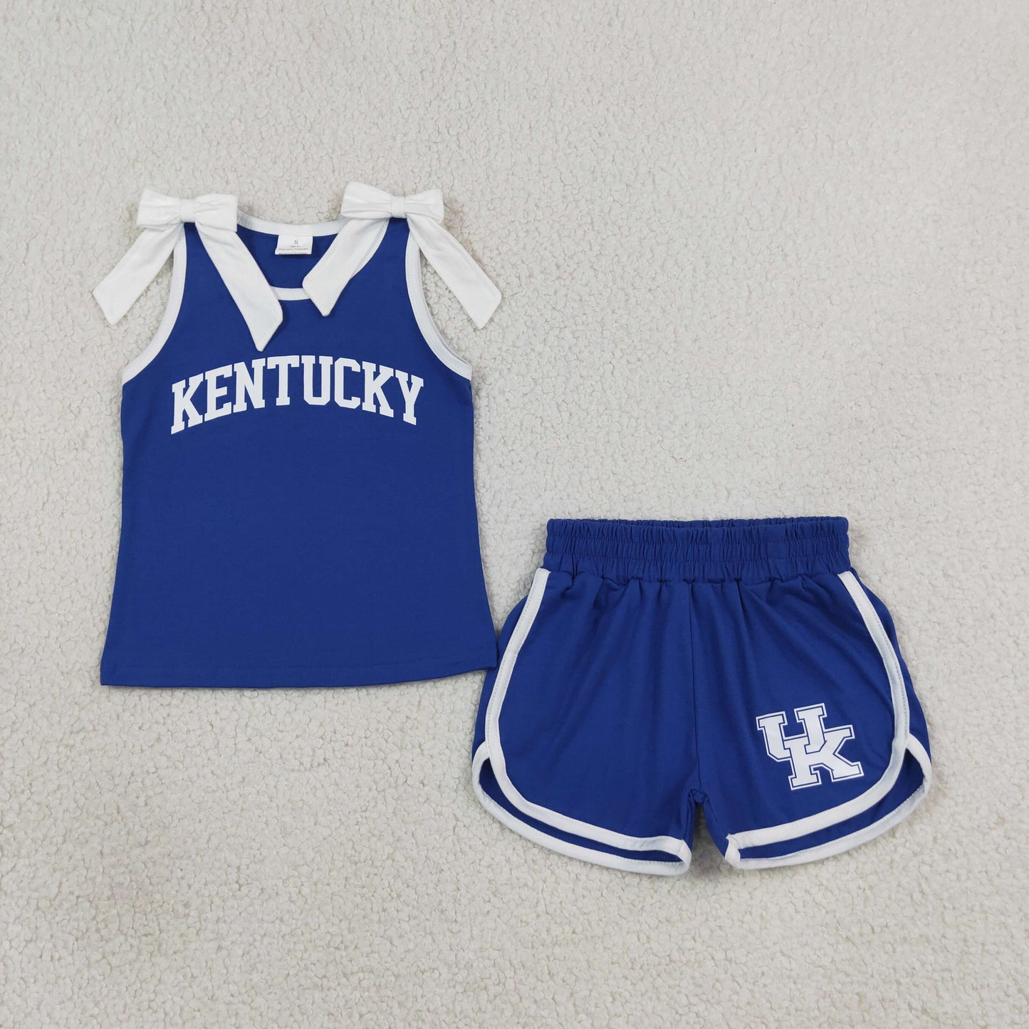 GSSO3830 Kids Clothing Baby Girls White Bows Blue Vinyl Kentucky Top Short Team Clothes Sets