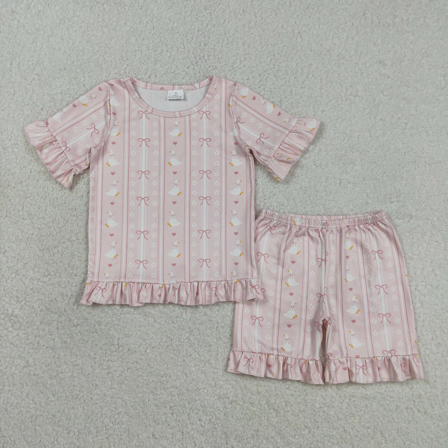 GSSO3330 Kids Baby Girl Bow Gooses Stripe Top Ruffle Shorts Pajamas Clothes Sets