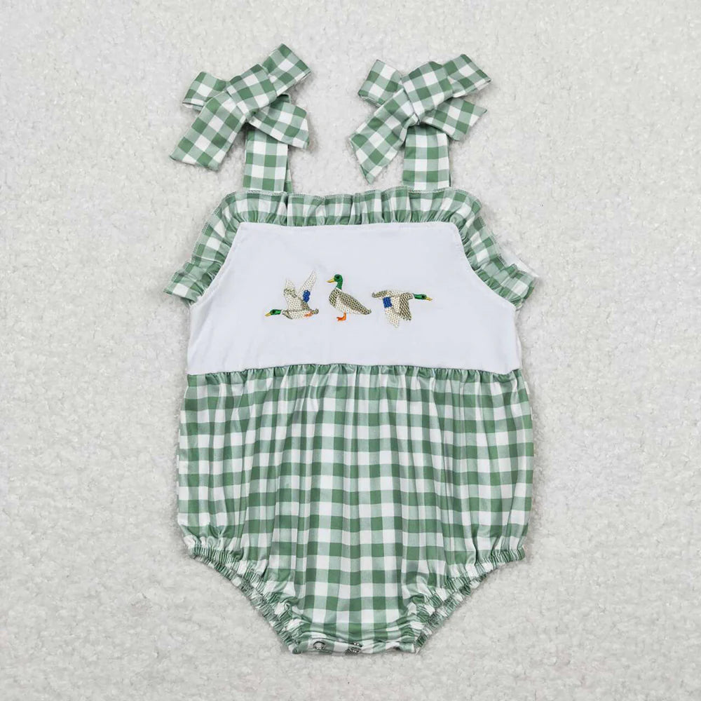 SR1065 Newborn Baby Infant Girls Green Checkered Duck Straps Rompers