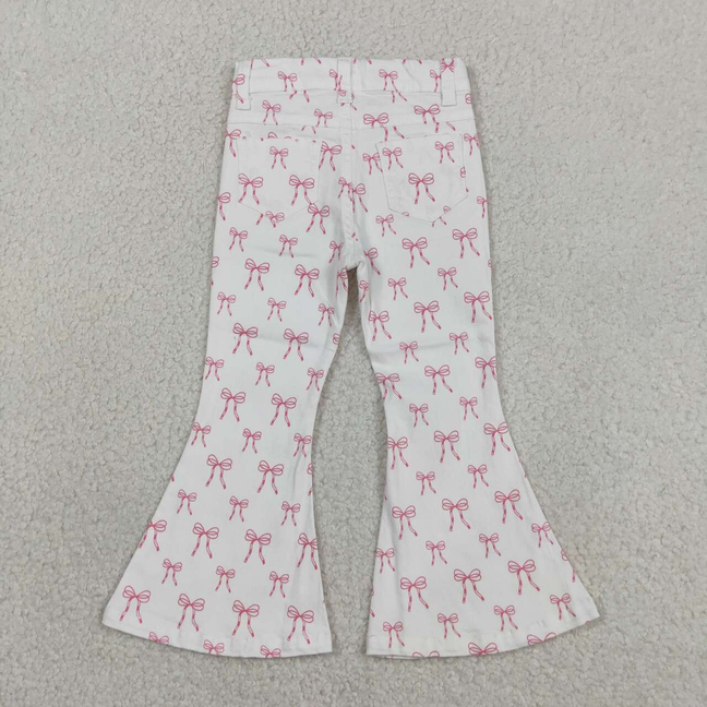 P1042 Kids Baby Girls Pink Bows Denim Pockets Bell Bottom Pants
