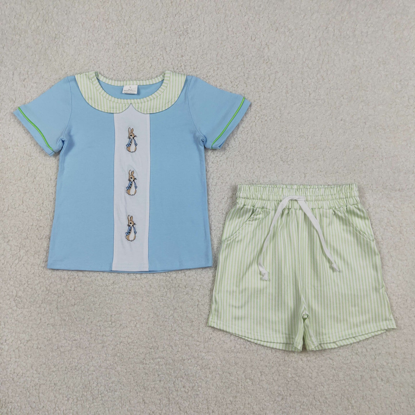 BSSO1564 Kids Embroidery Rabbits Baby Boy Collar Top Stripe Pockets Shorts Easter Clothes Sets