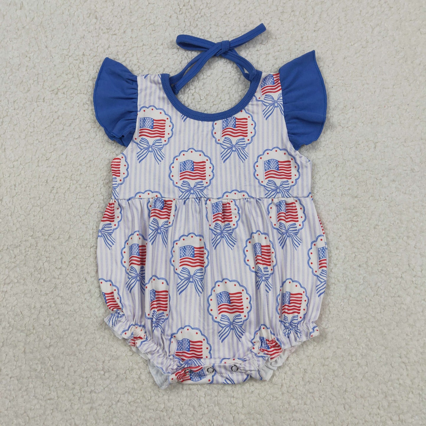 SR4029 Newborn Baby Girls Flutter Sleeve Stripe Bows Flags 4th of July Ruffle Rompers