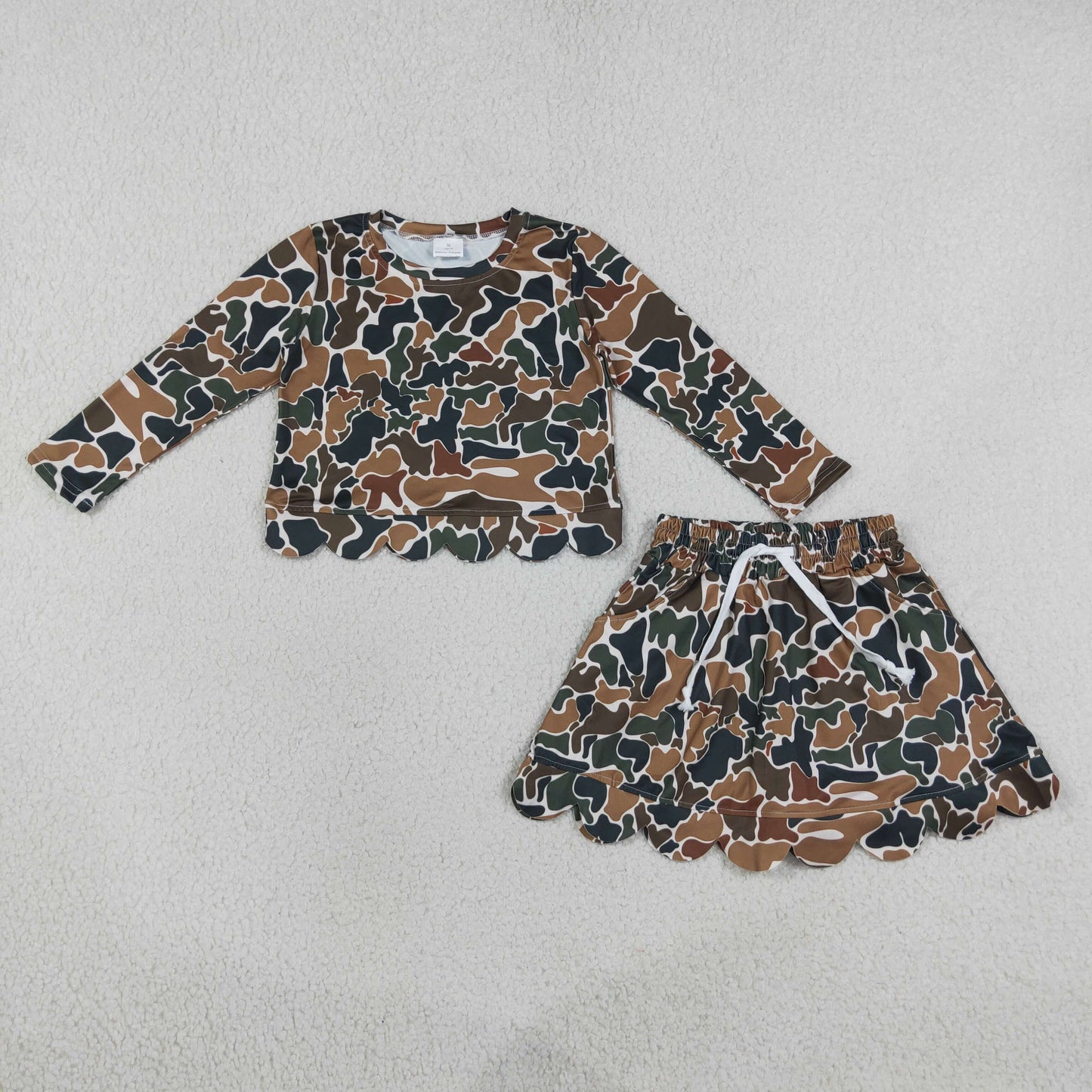 GLD1617 Kids Clothing Baby Girls Long Sleeve Dark Brown Camo Top Skirt Short Scallop Clothes Set