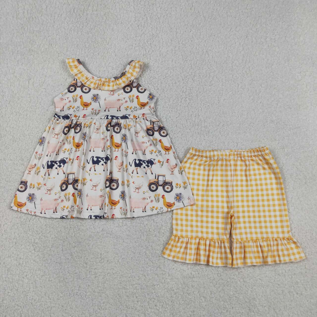 GSSO3071 Kids Baby Girls Sleeveless Cows Trucks Tunic Ruffle Shorts Farm Clothes Sets