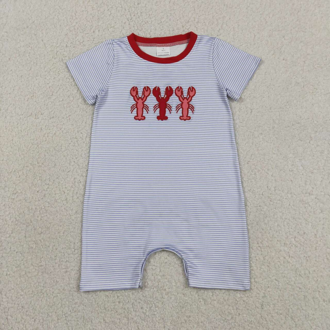 SR4007 Newborn Embroidery Crayfishes Baby Boys Short Sleeve Blue Stripe Shorts Rompers