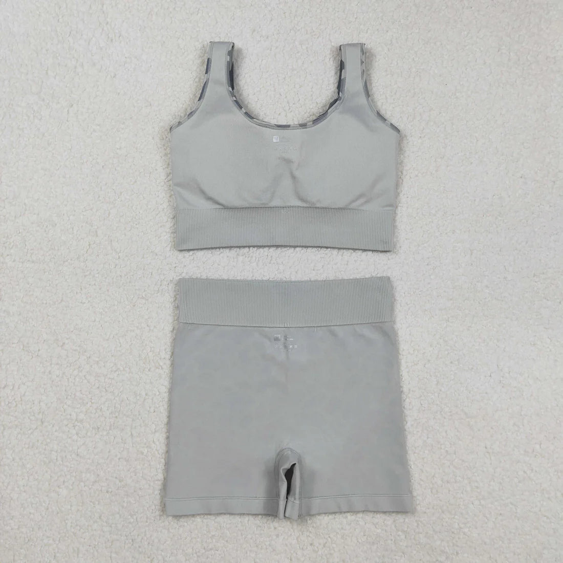 9.13 GT1186+SS0643 Adult Women Grey Camo Crop Bra Top Shorts Yoga Outfits Set