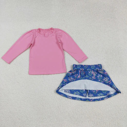 9.10 GLD1256 Baby Girls Pink Long Sleeves Shirts Top Floral Pockets Skirts Set