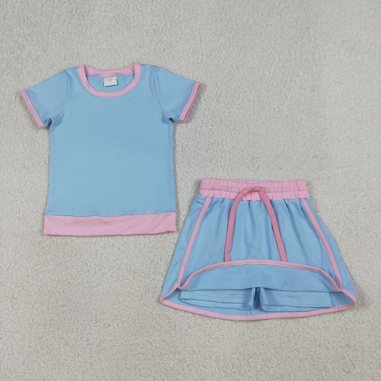 GSD3671 Kids Baby Girls Blue Short Sleeve Top Skirt Shorts Cotton Clothes Sets