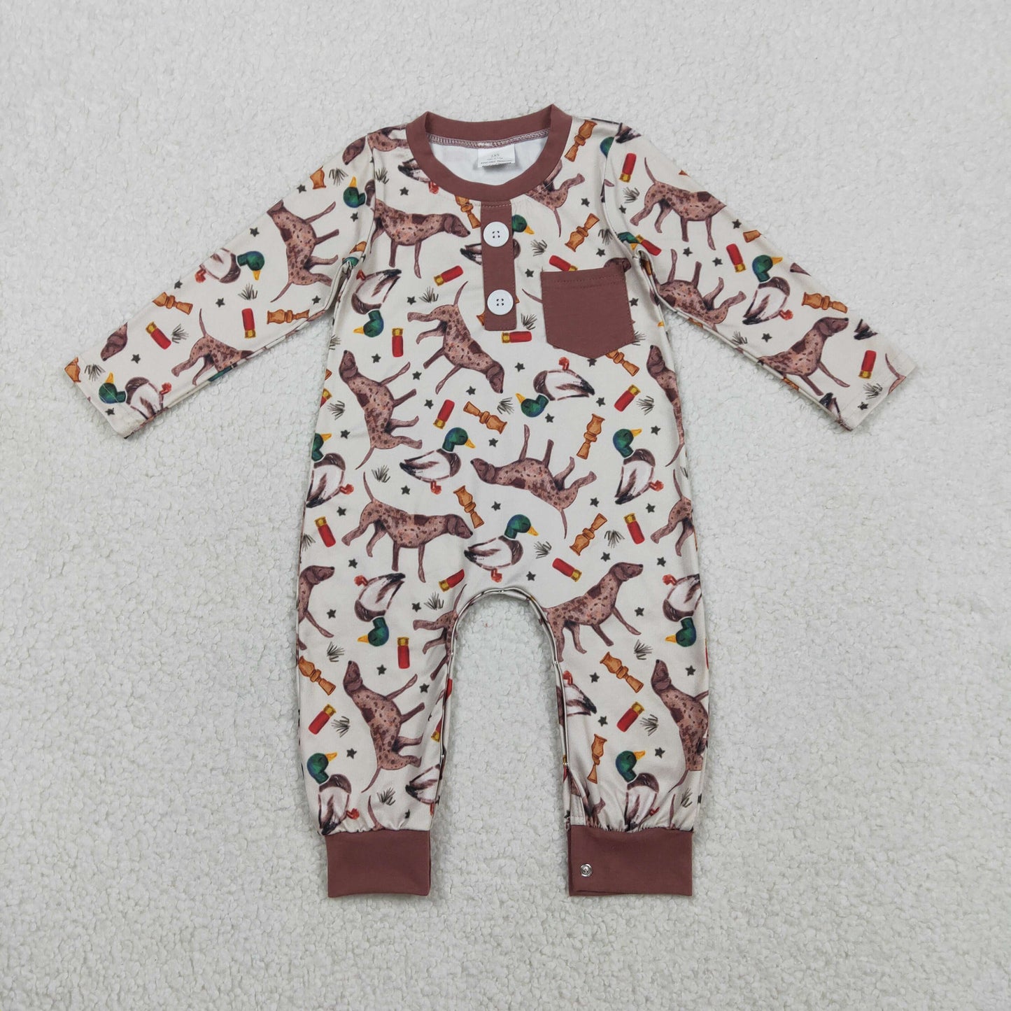 RTS NO MOQ(In Stock) LR2576 Duck and Puppy Brown Pocket Button Long-Sleeve Jumpsuit
