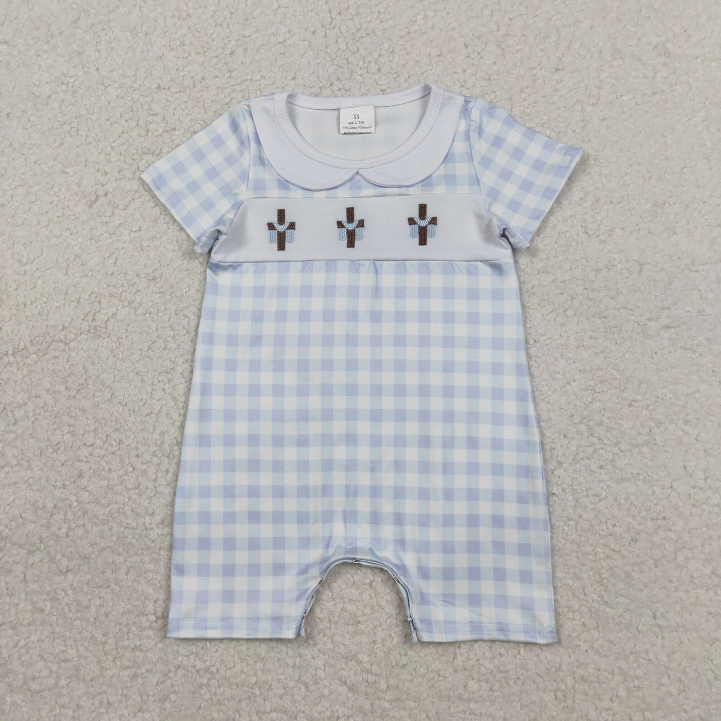 SR3758 Newborn Baby Boy Embroidery Crosses Blue Checked Easter Collar Rompers