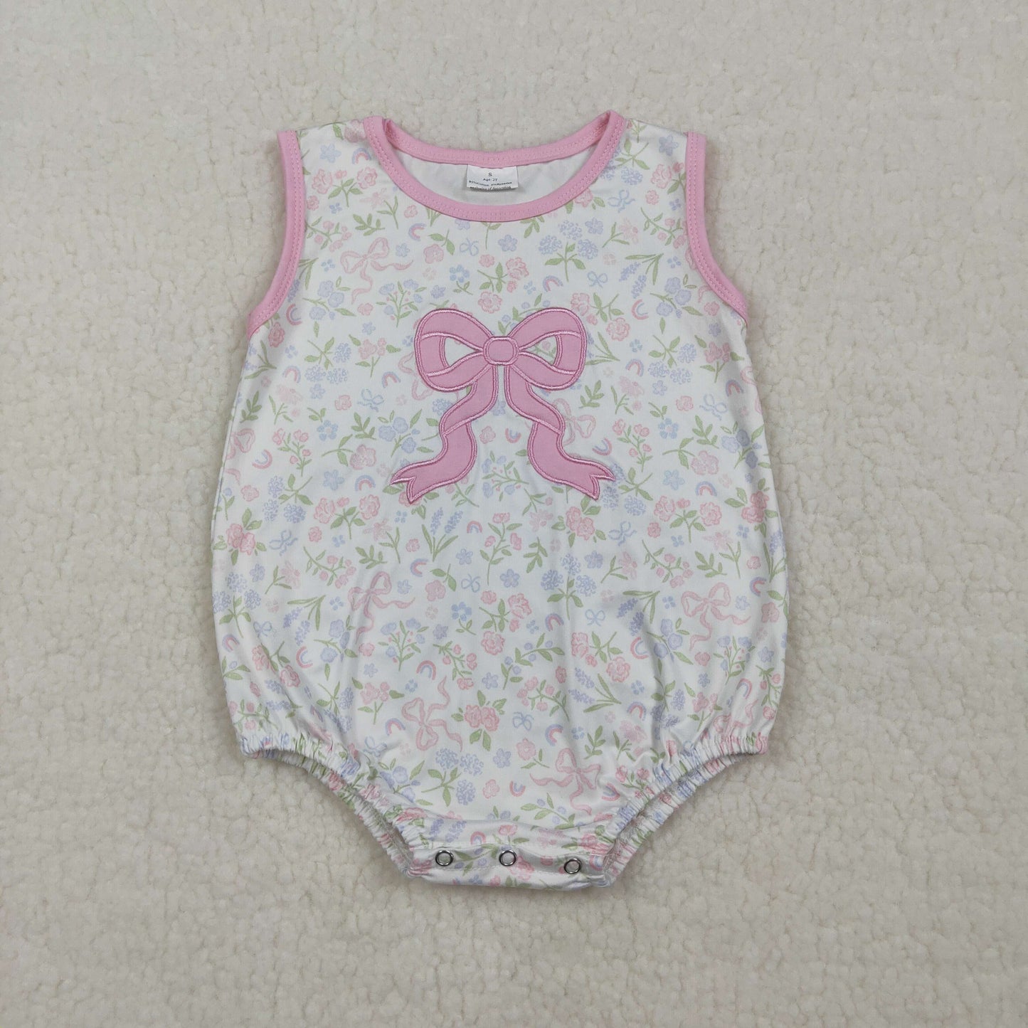 SR3727 Newborn Baby Girls Embroidery Pink Bow Sleeveless Flowers Ruffle Rompers