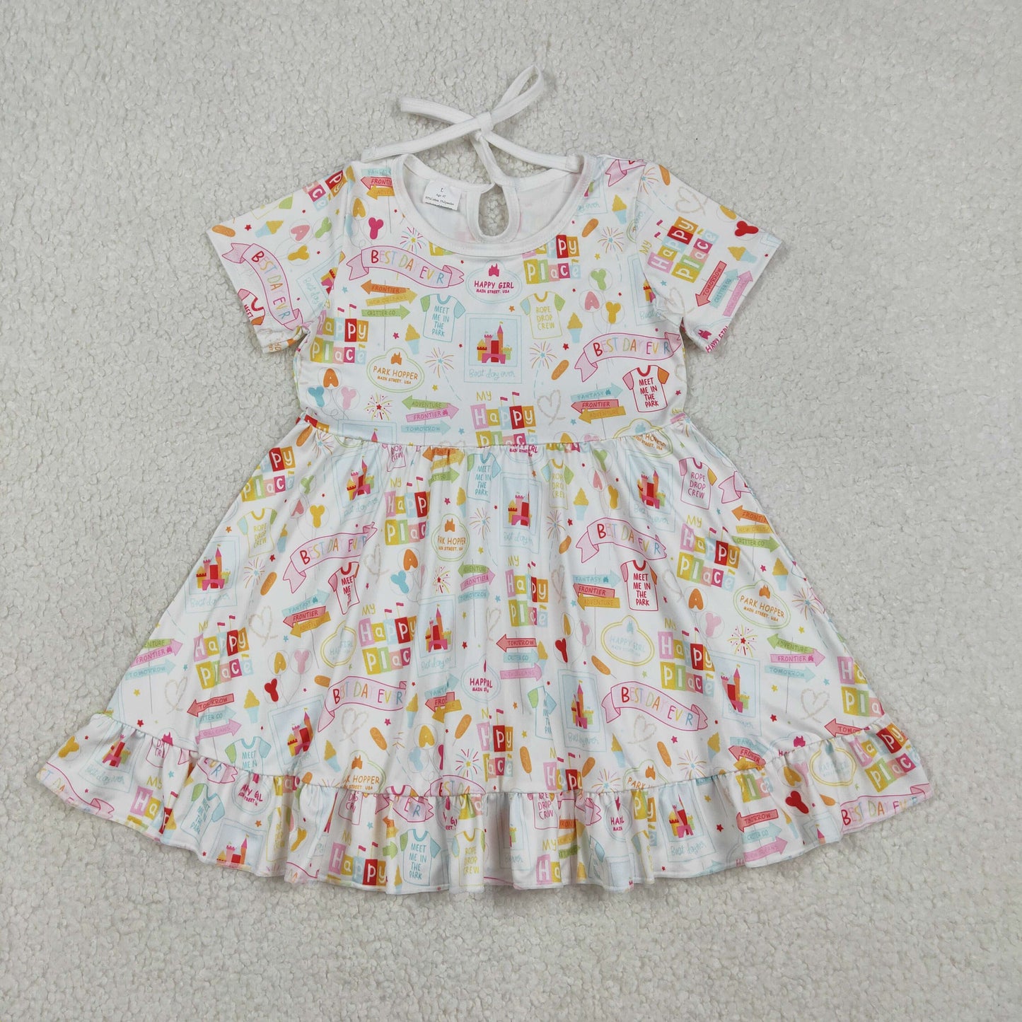 RTS NO MOQ(In Stock) GSD2873 Best Day Ever Letter Castle White Short-Sleeve Dress