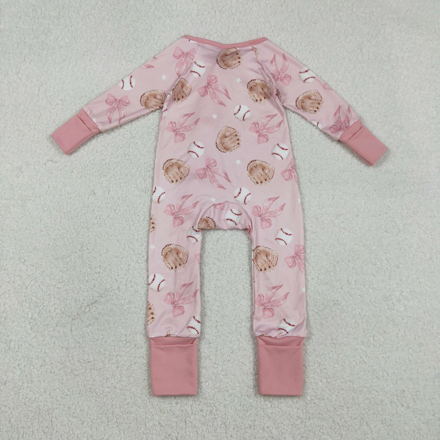 RTS NO MOQ(In Stock) LR2967 Baseball Glove Bow Pattern Pink Zipper Long-Sleeve Jumpsuit
