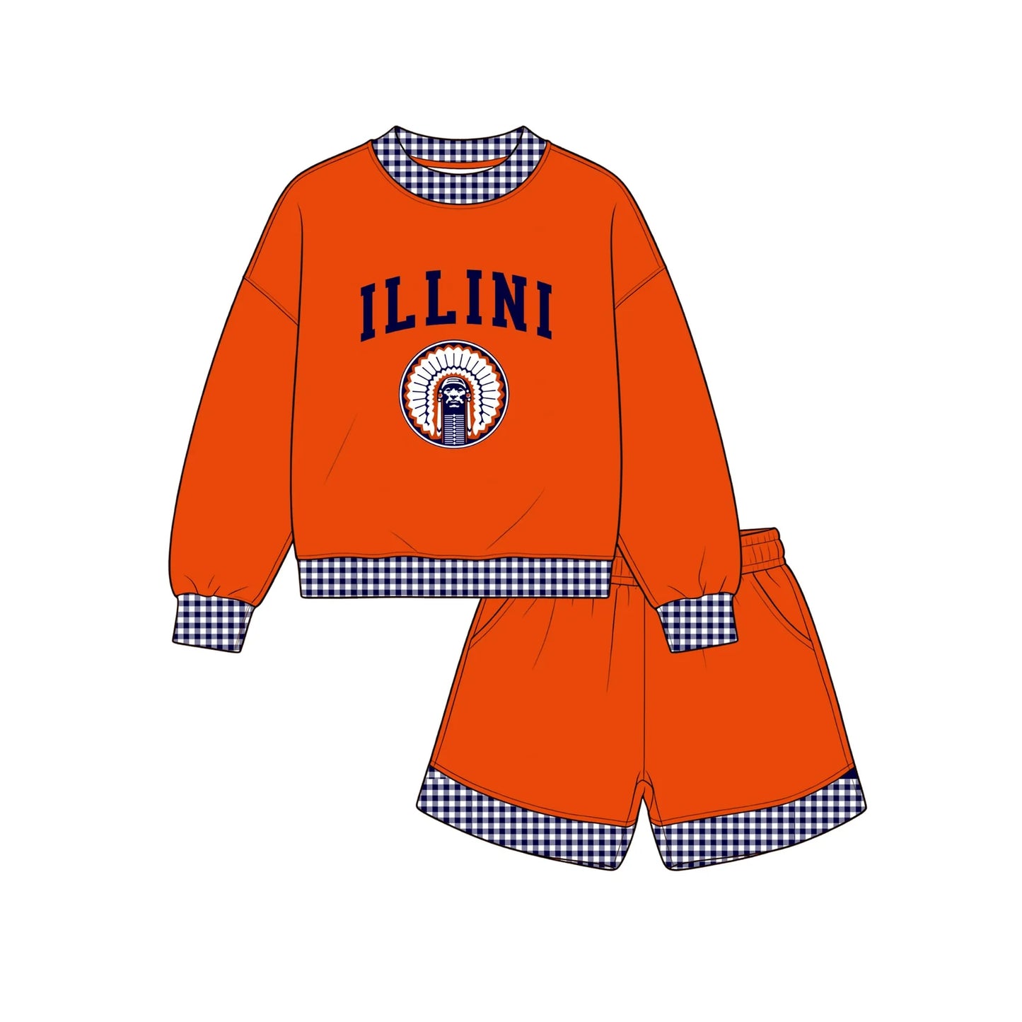 Custom Order Baby Boys Illini Long Sleeve Milk silk Top Pockets Shorts Team Clothes Sets