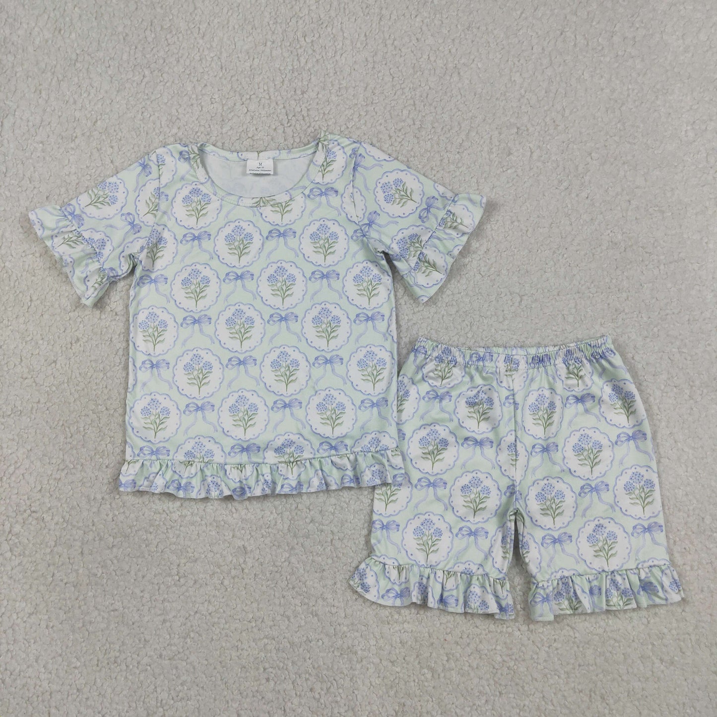 GSSO3323 Kids Baby Girls Blue Bows Flowers Top Ruffle Shorts Pajamas Clothes Sets
